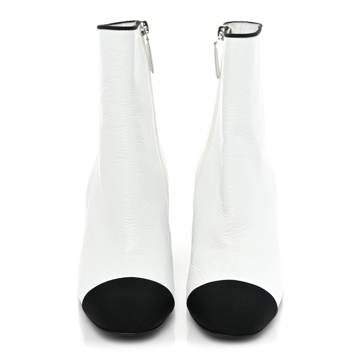 Chanel Laminated Lambskin Grosgrain Cap Toe Chain Short Boots 37.5 White Black 2 of 9