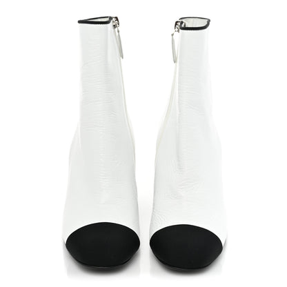 Chanel Laminated Lambskin Grosgrain Cap Toe Chain Short Boots 37.5 White Black 2 of 9