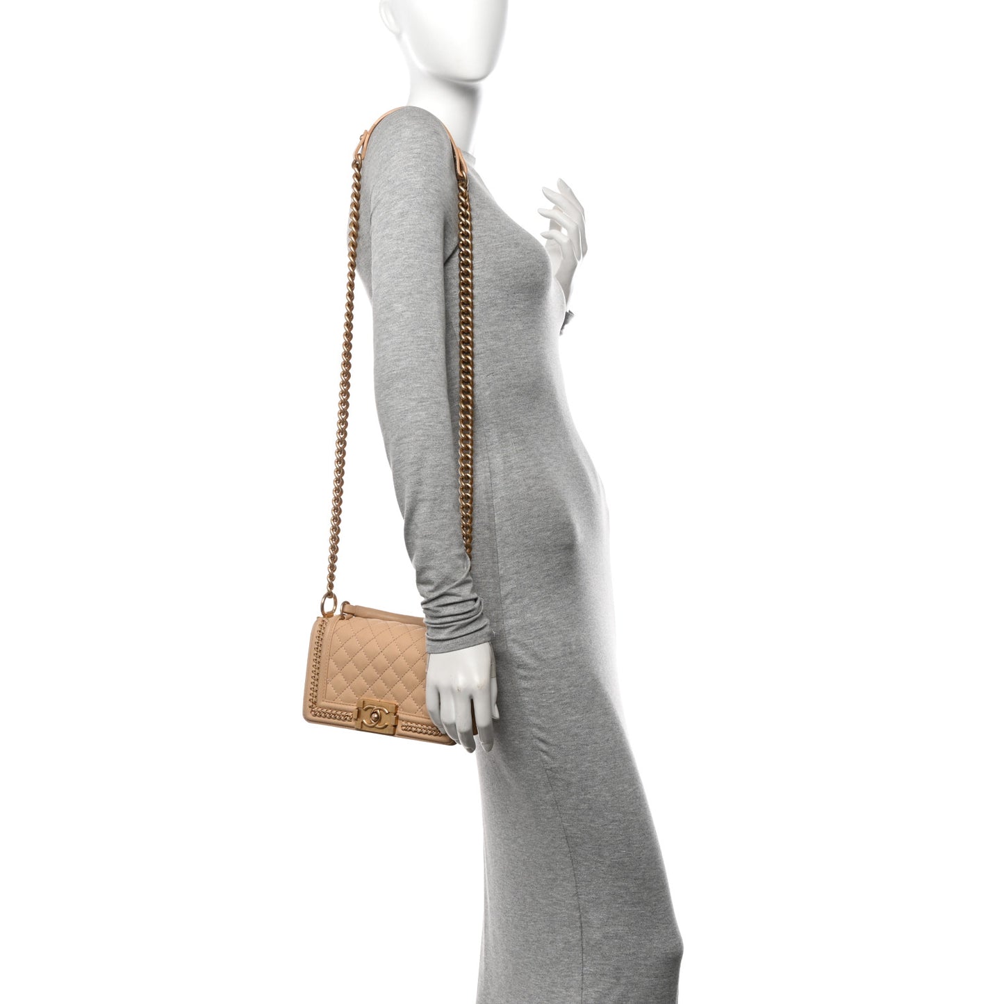 Calfskin Quilted Small Boy Handle Flap Beige