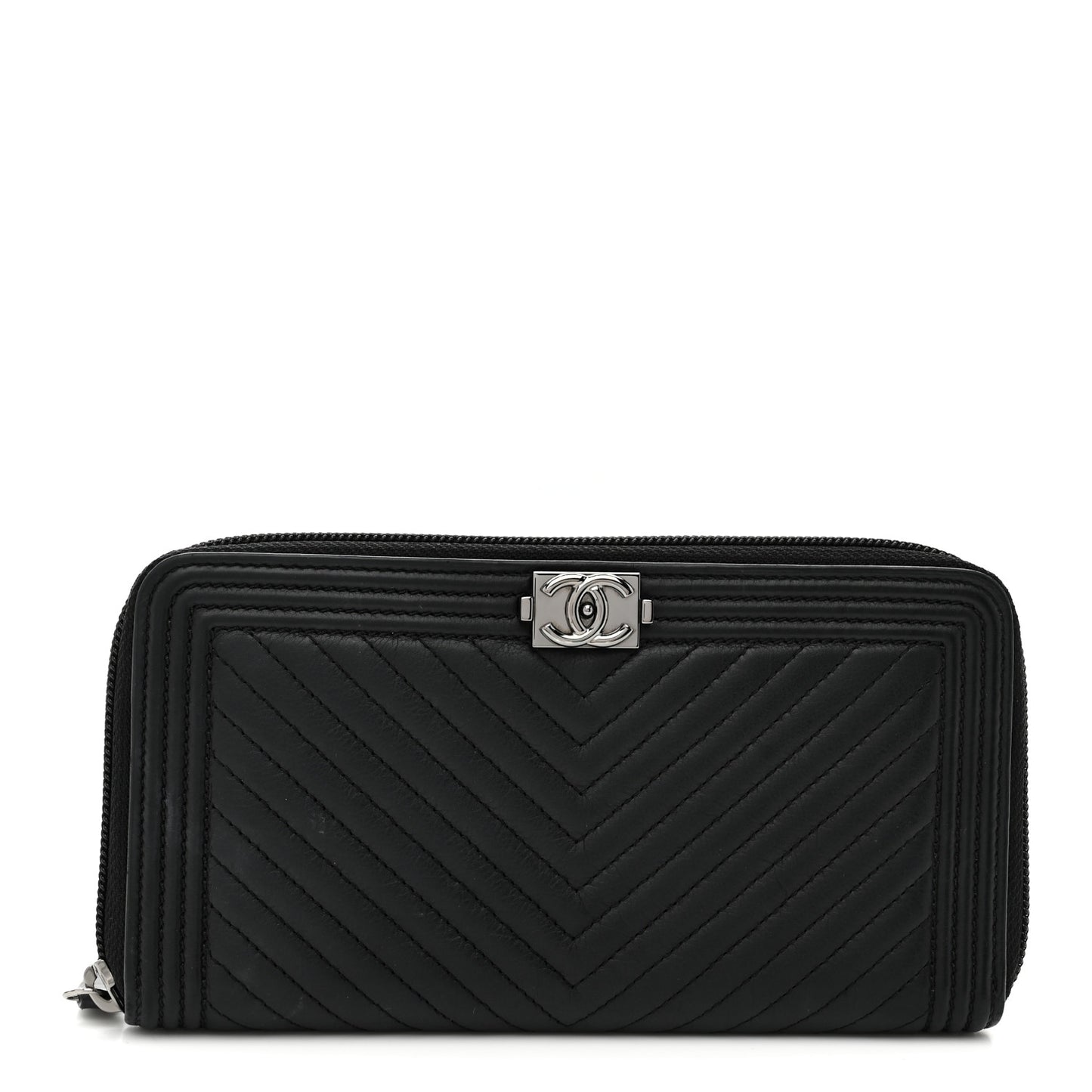 Calfskin Chevron Quilted Zip Around Boy Wallet So Black