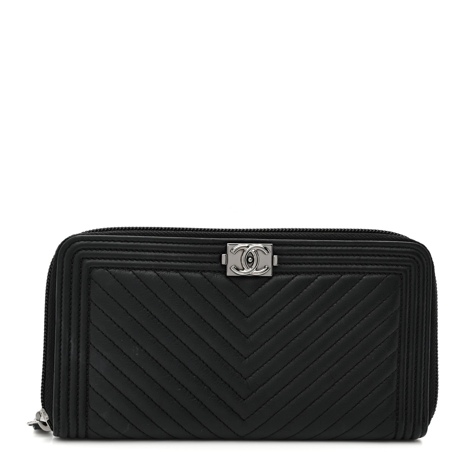Chanel Calfskin Chevron Quilted Zip Around Boy Wallet So Black 1 of 8
