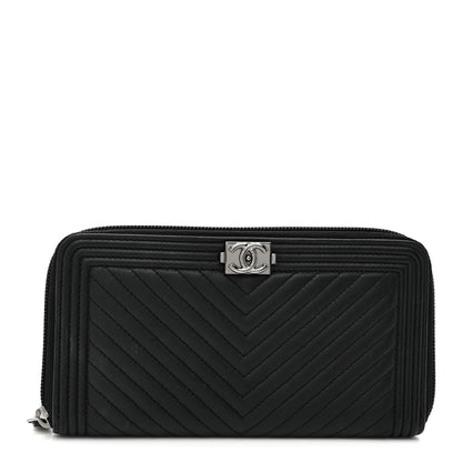 Chanel Calfskin Chevron Quilted Zip Around Boy Wallet So Black 1 of 8