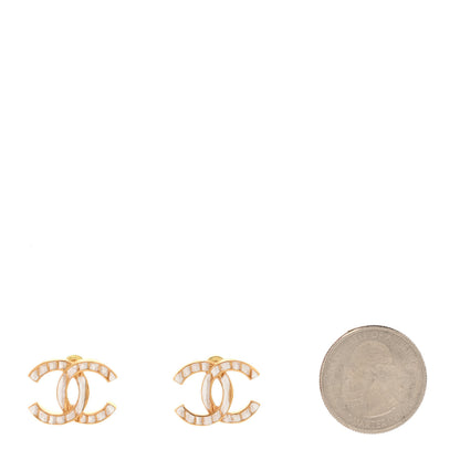 Chanel Metal CC Earrings Gold White 2 of 5