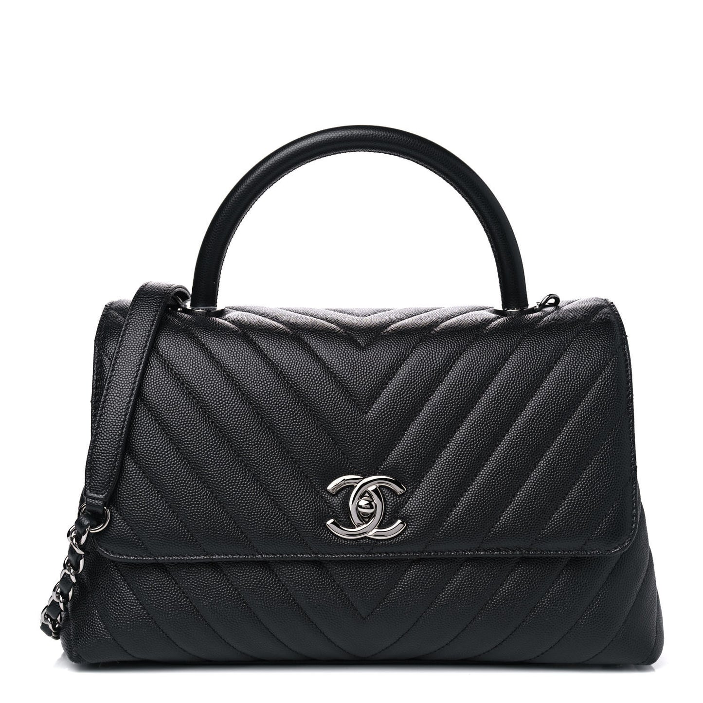Caviar Chevron Quilted Small Coco Handle Flap Black