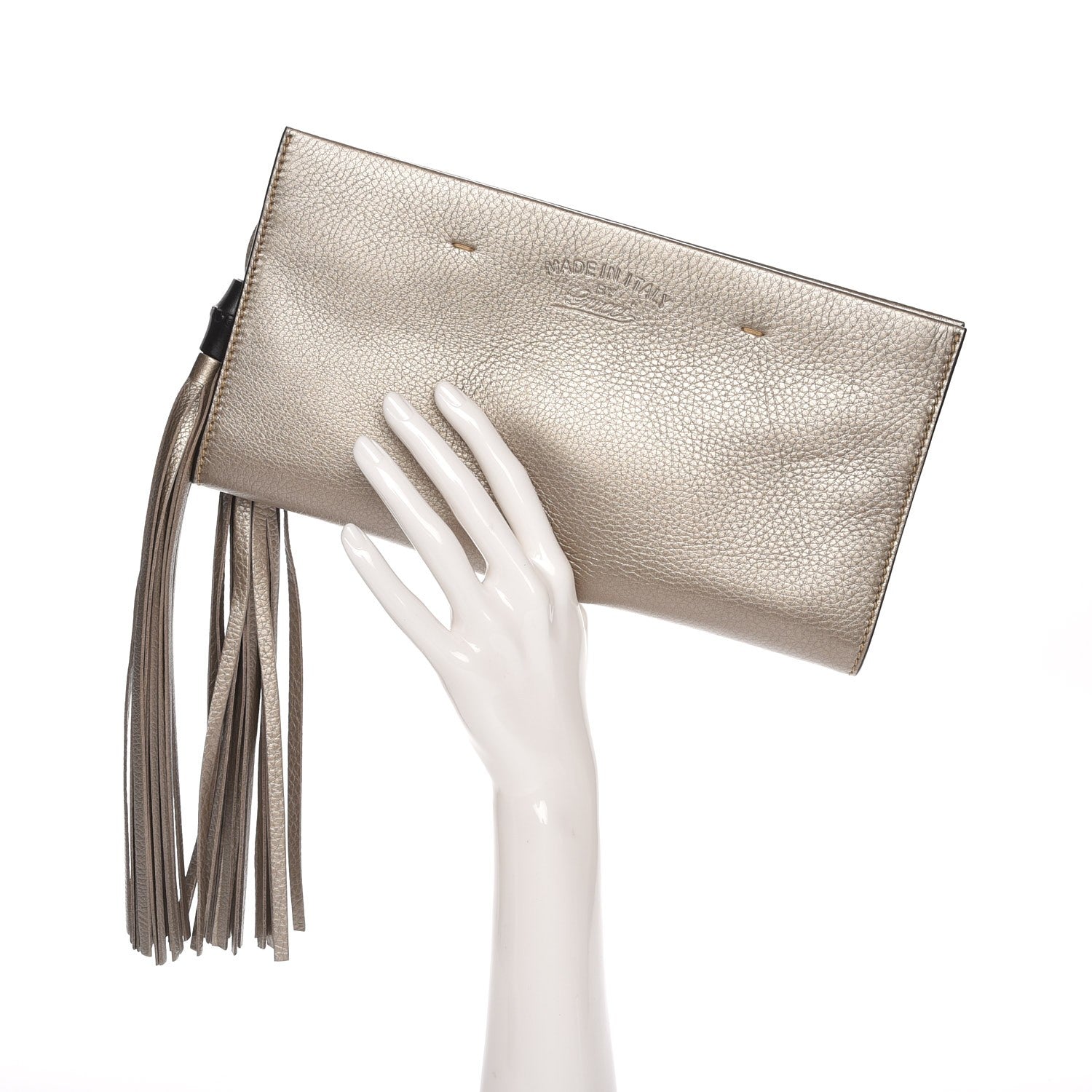 Gucci Metallic Pebbled Calfskin Broadway Bamboo Tassel Clutch New Golden Beige 2 of 7