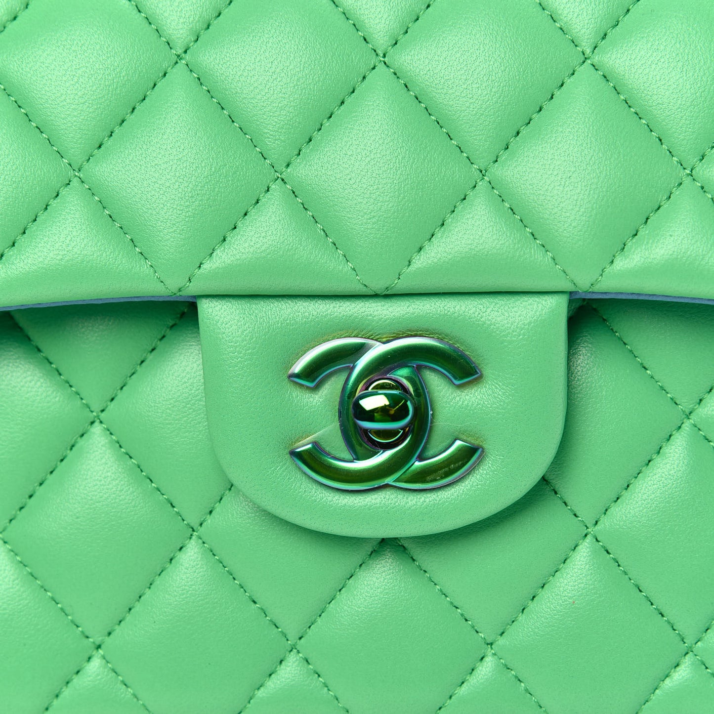Lambskin Quilted Small Double Flap Green Blue