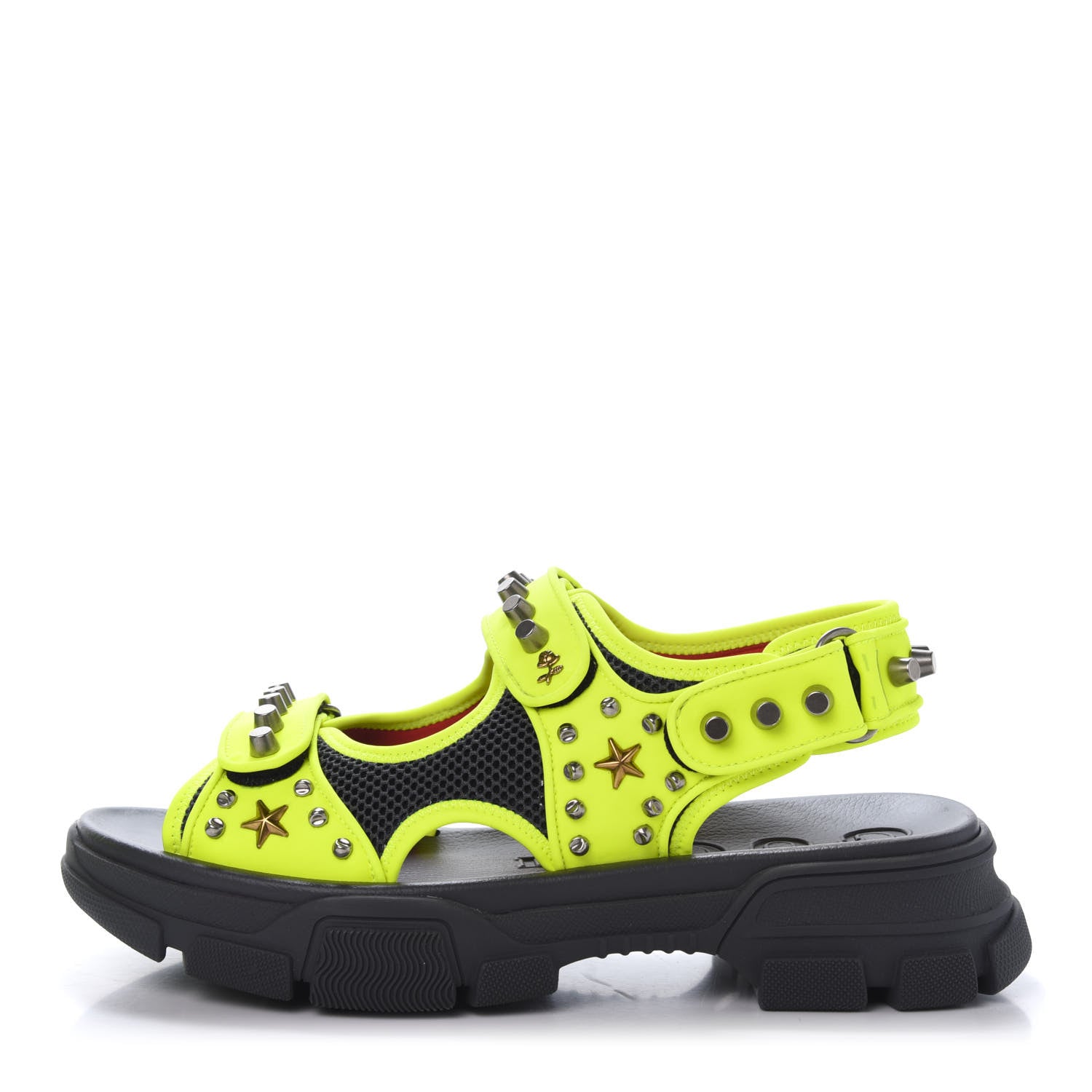 Gucci Technical Canvas Calfskin Studded Mens Aguru Sandals 10 Neon Yellow 1 of 8