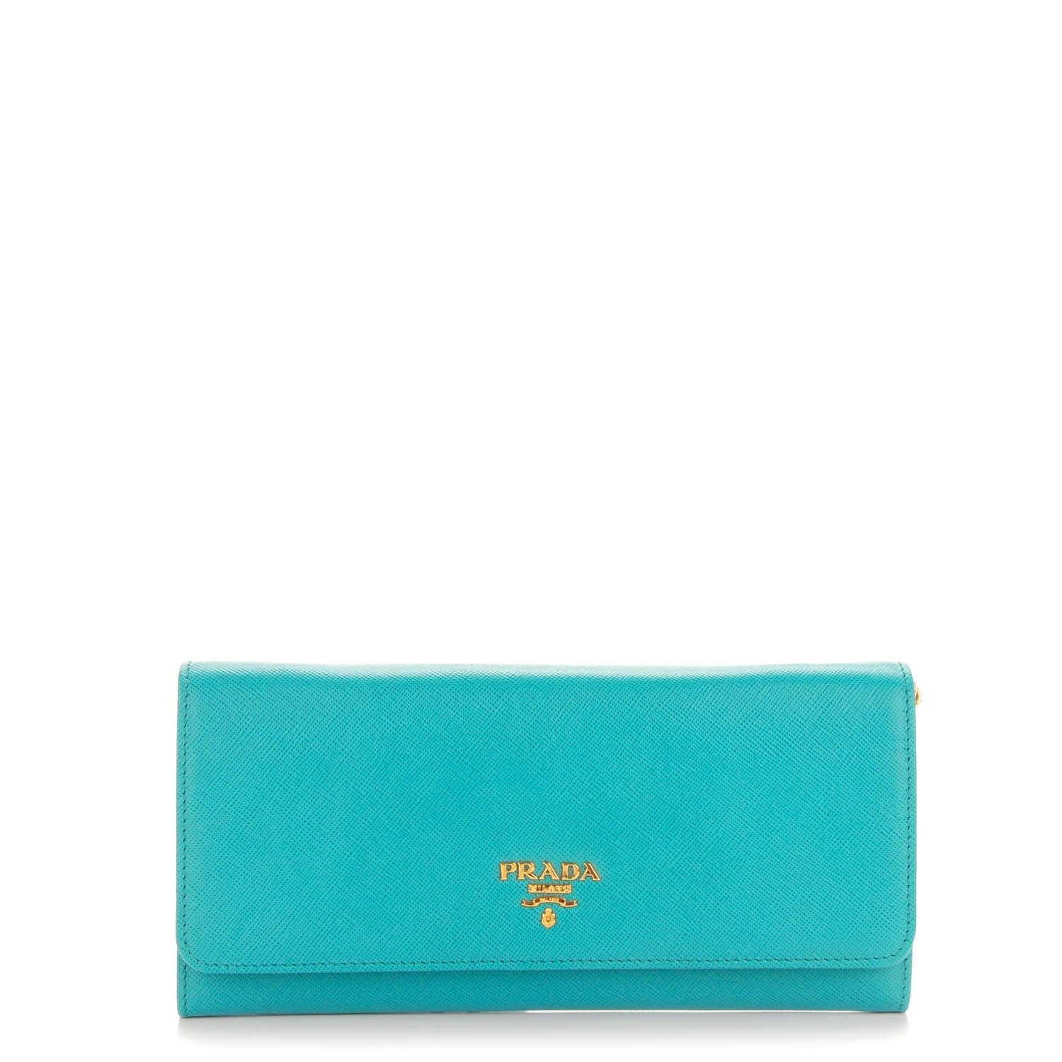 Prada Saffiano Metal Oro Chain Wallet Turchese 1 of 7