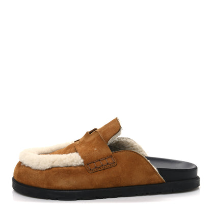 Hermes Suede Goatskin Shearling Go Mules 37.5 Beige Kraft Ecru 1 of 11