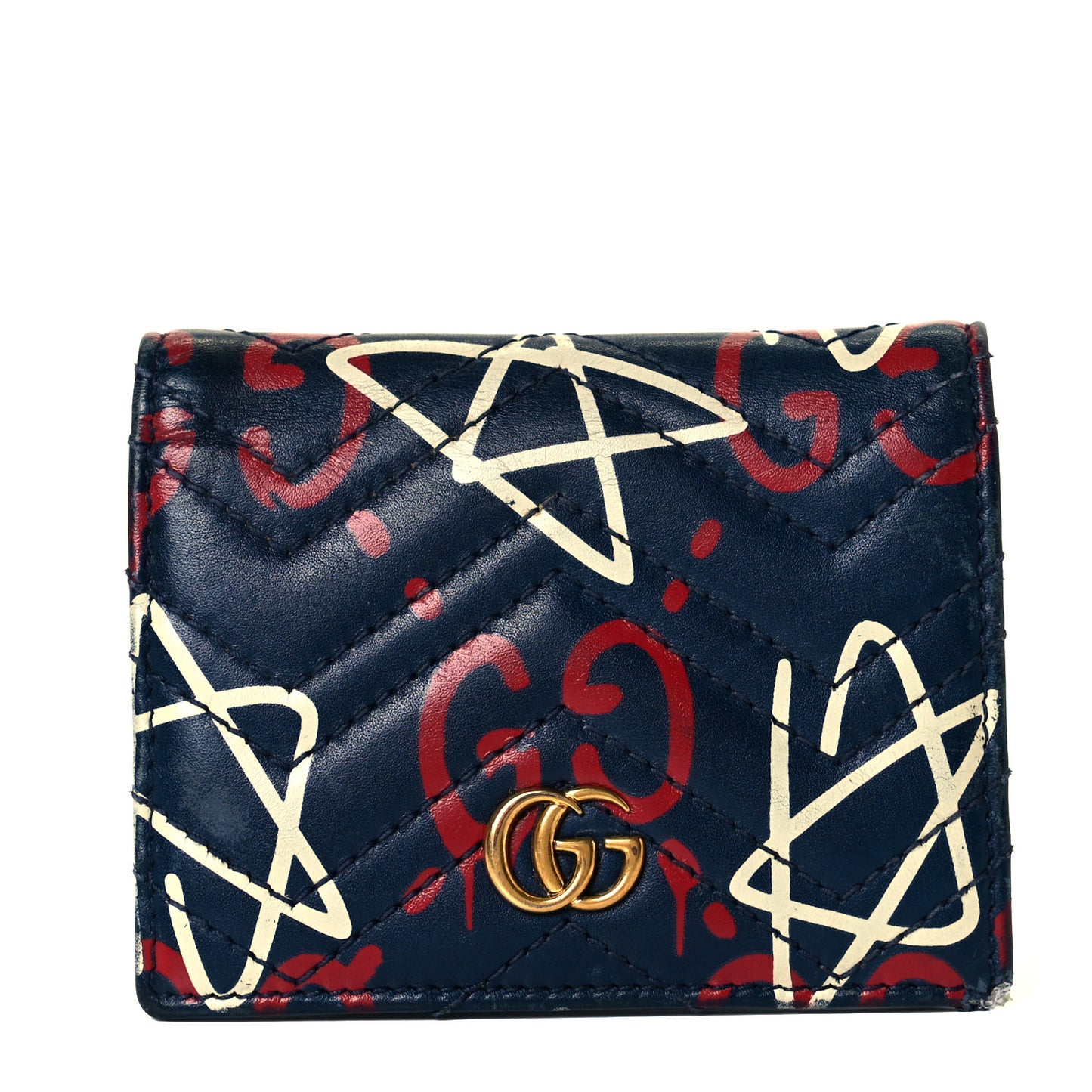 Calfskin Matelasse GucciGhost GG Marmont Card Case Blue Agata Hibiscus Red