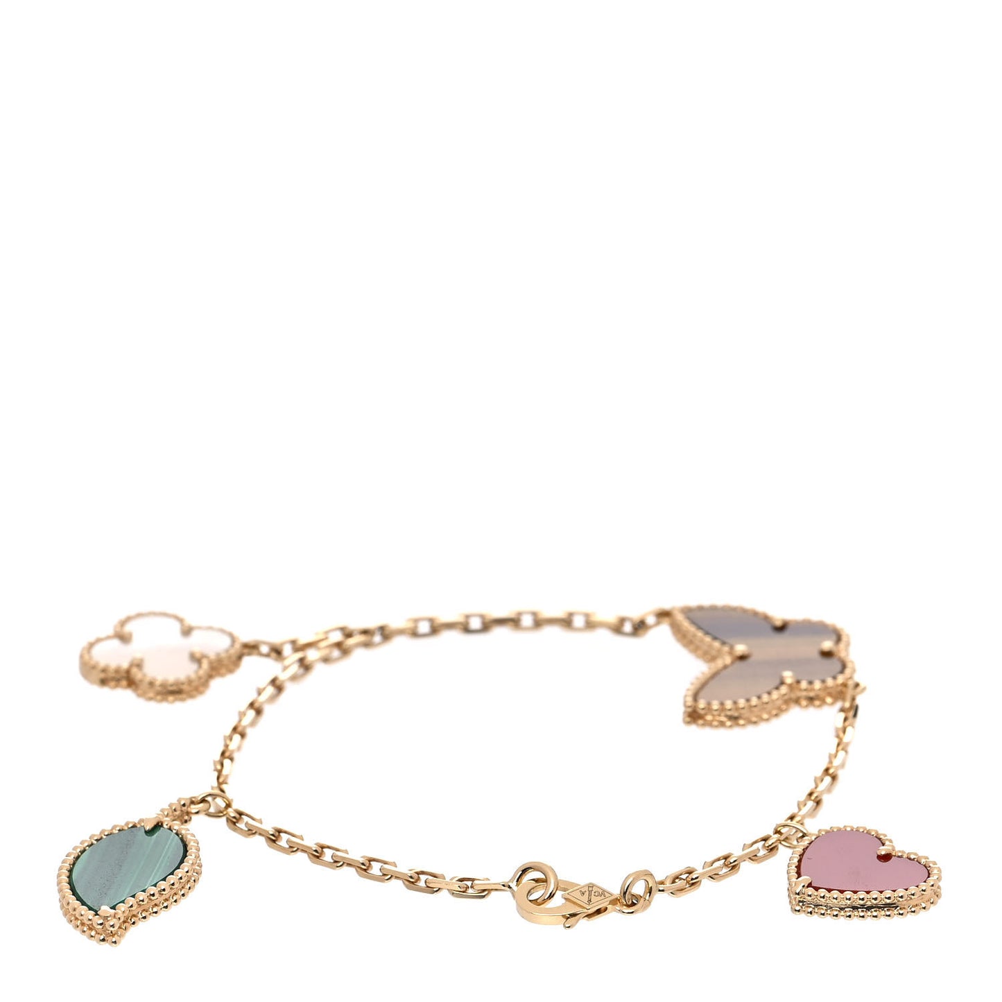 18K Yellow Gold Mother of Pearl Malachite Carnelian Tiger Eye 4 Motifs Lucky Alhambra Bracelet