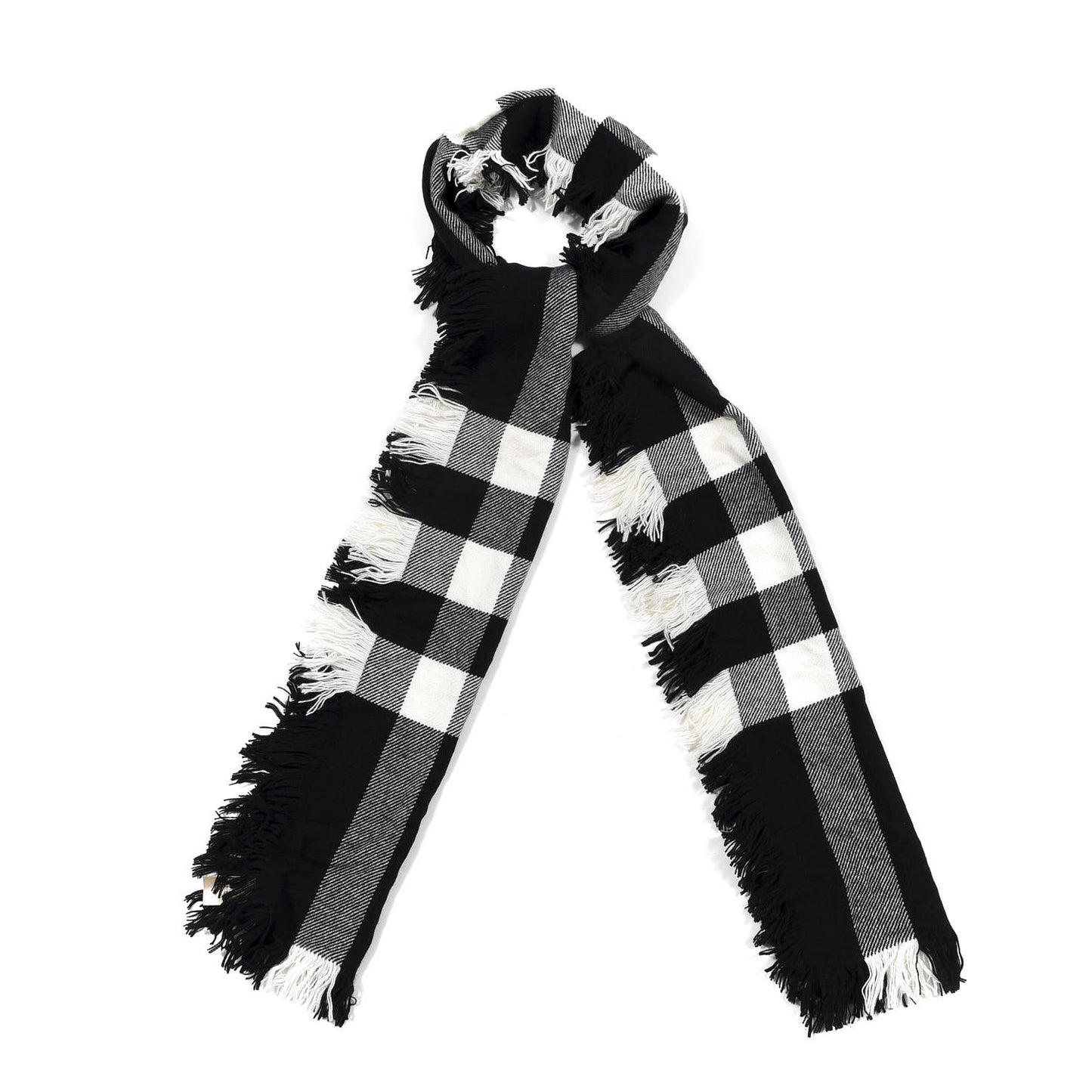 Wool Half Mega Check Fringe Scarf Black