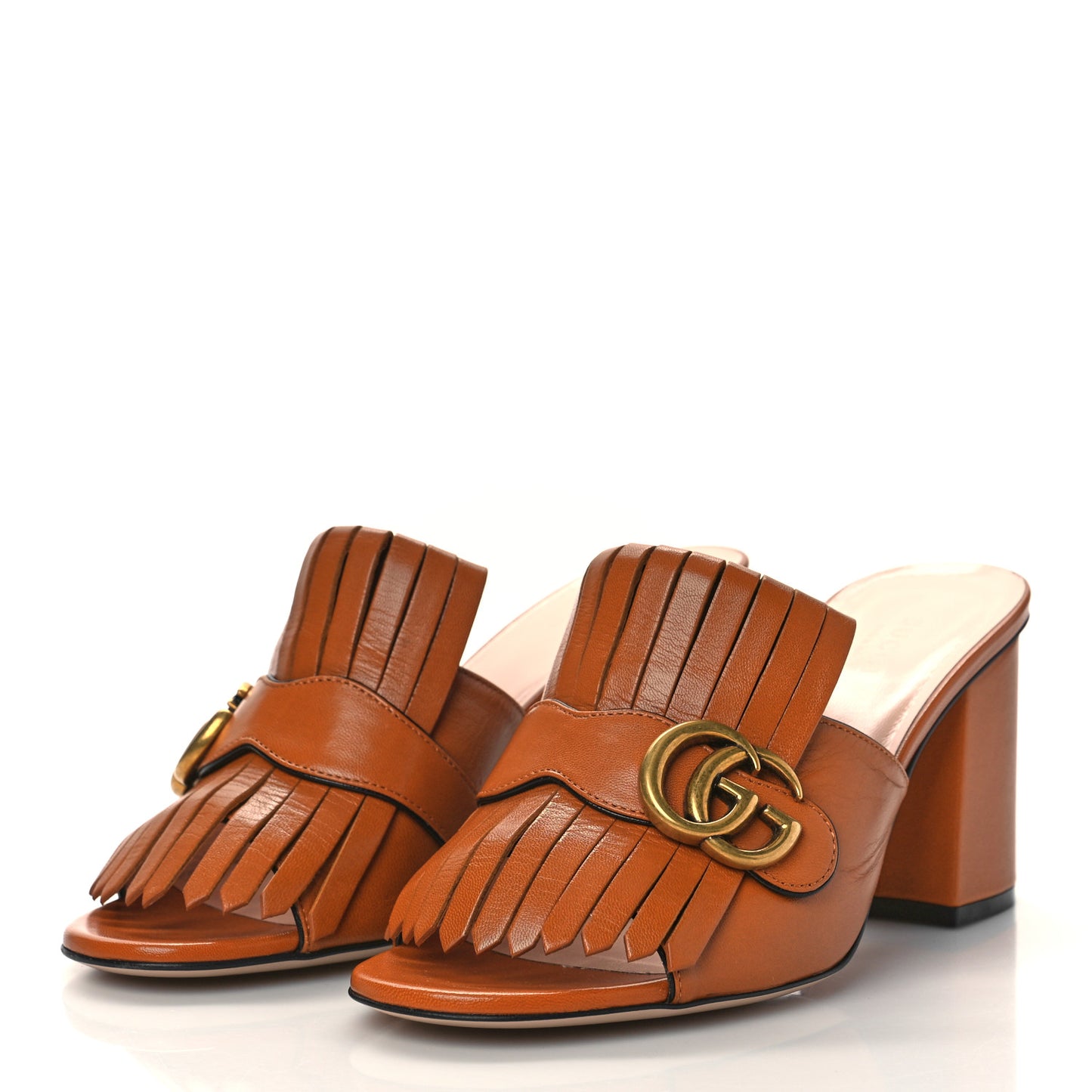 Malaga Kid GG Marmont Fringe 75mm Slide Sandals 38 Cognac