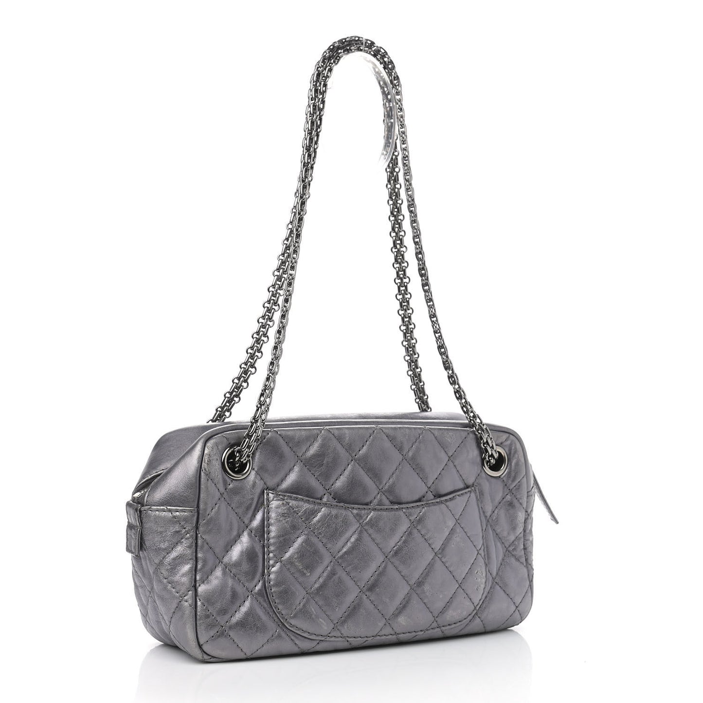 Metallic Aged Calfskin Quilted Medium Reissue Camera Case Dark Silver