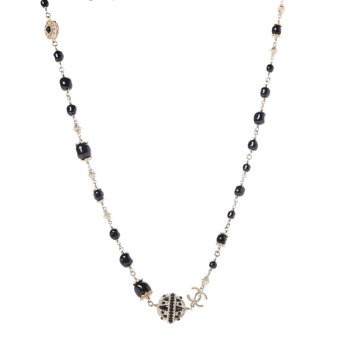 Enamel Bead CC Long Necklace Black Gold