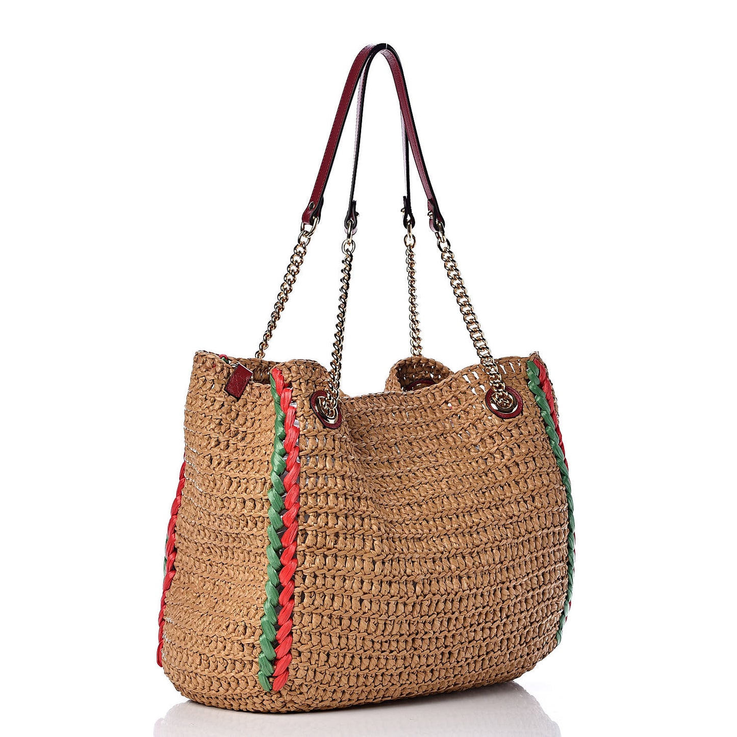 Raffia Effect Large GG Marmont Shoulder Tote Bag Natural Red Green