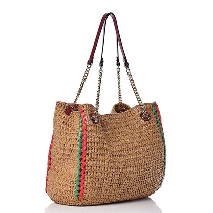 Gucci Raffia Effect Large GG Marmont Shoulder Tote Bag Natural Red Green 5 of 10
