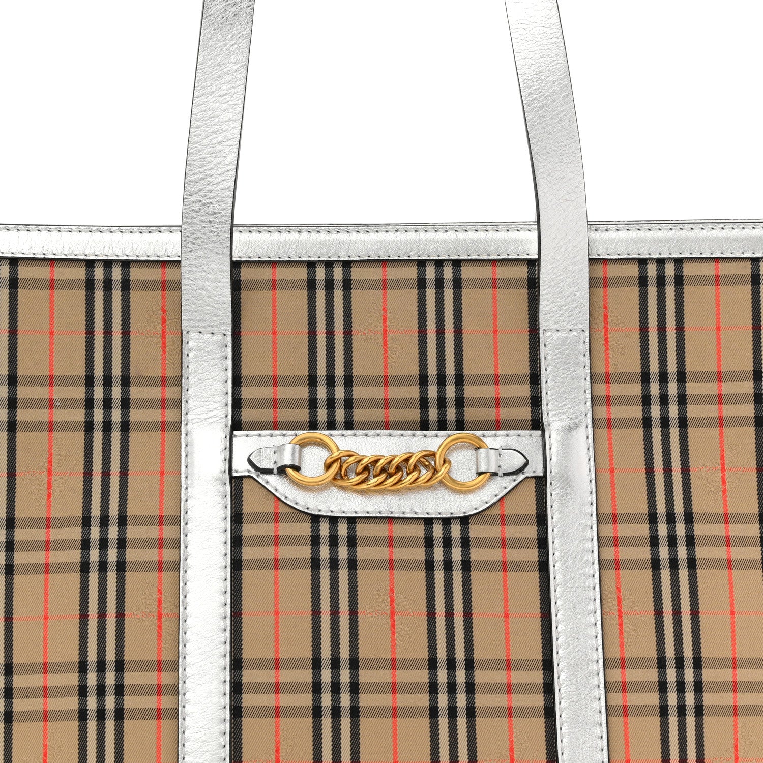 Burberry Metallic Calfskin 1983 Knight Check Link Zip Tote Silver
