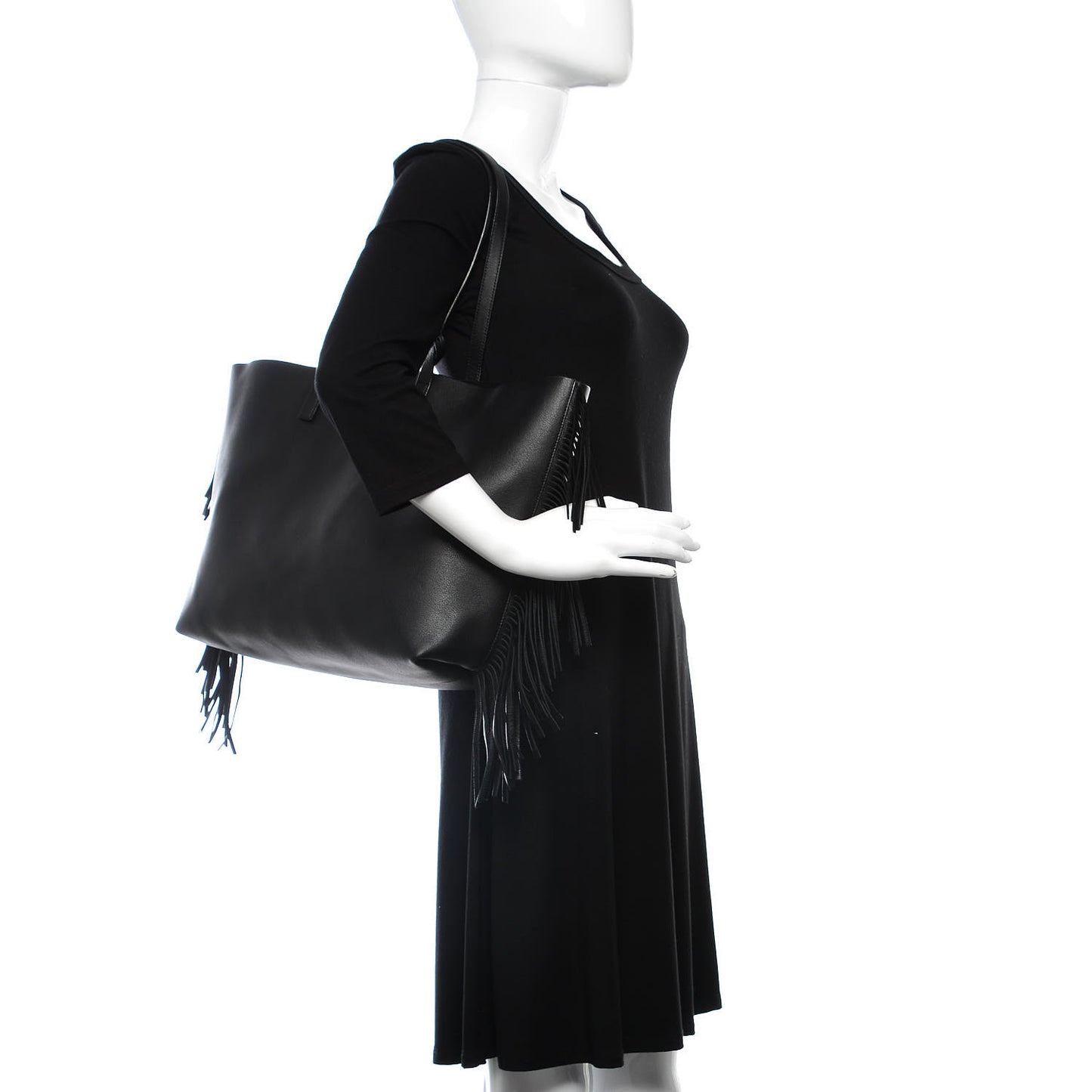 Calfskin Large Fringe Shopping Tote Black