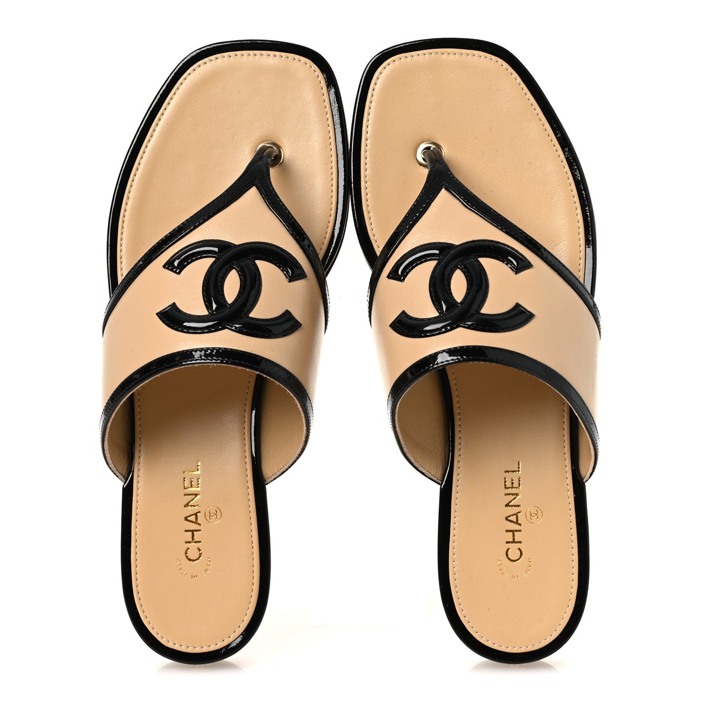 Lambskin Patent Calfskin CC Thong Sandals 38 Beige Black