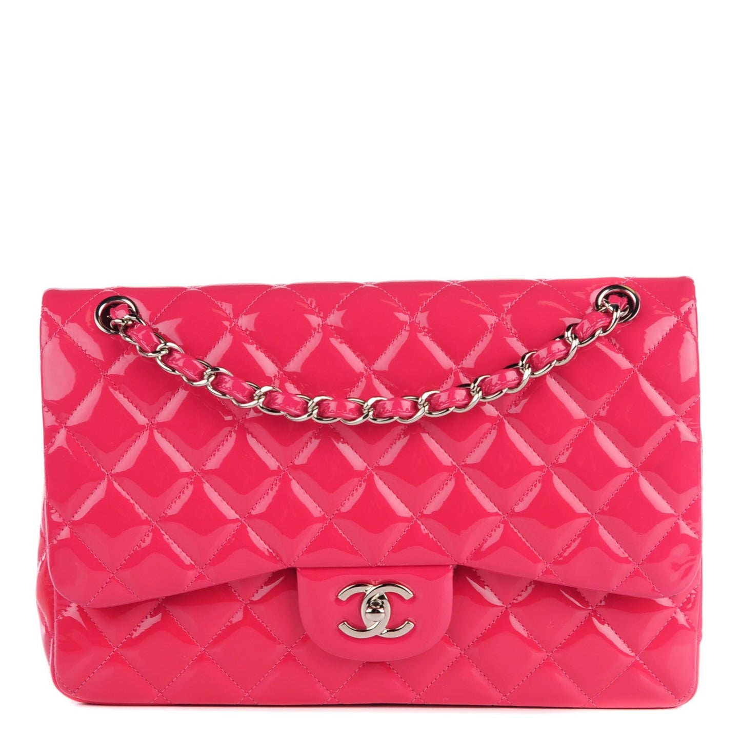 Patent Calfskin Quilted Jumbo Double Flap Fuchsia