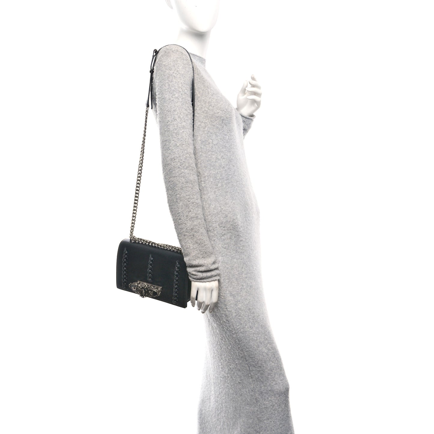 Calfskin Stitched Butterfly Jeweled Knuckle Satchel Black