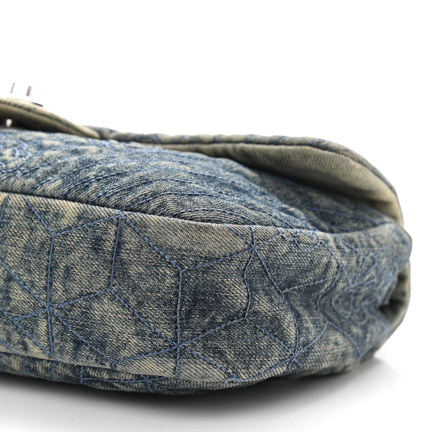 Denim Quilted Camellia Embroidered Medium Flap Blue