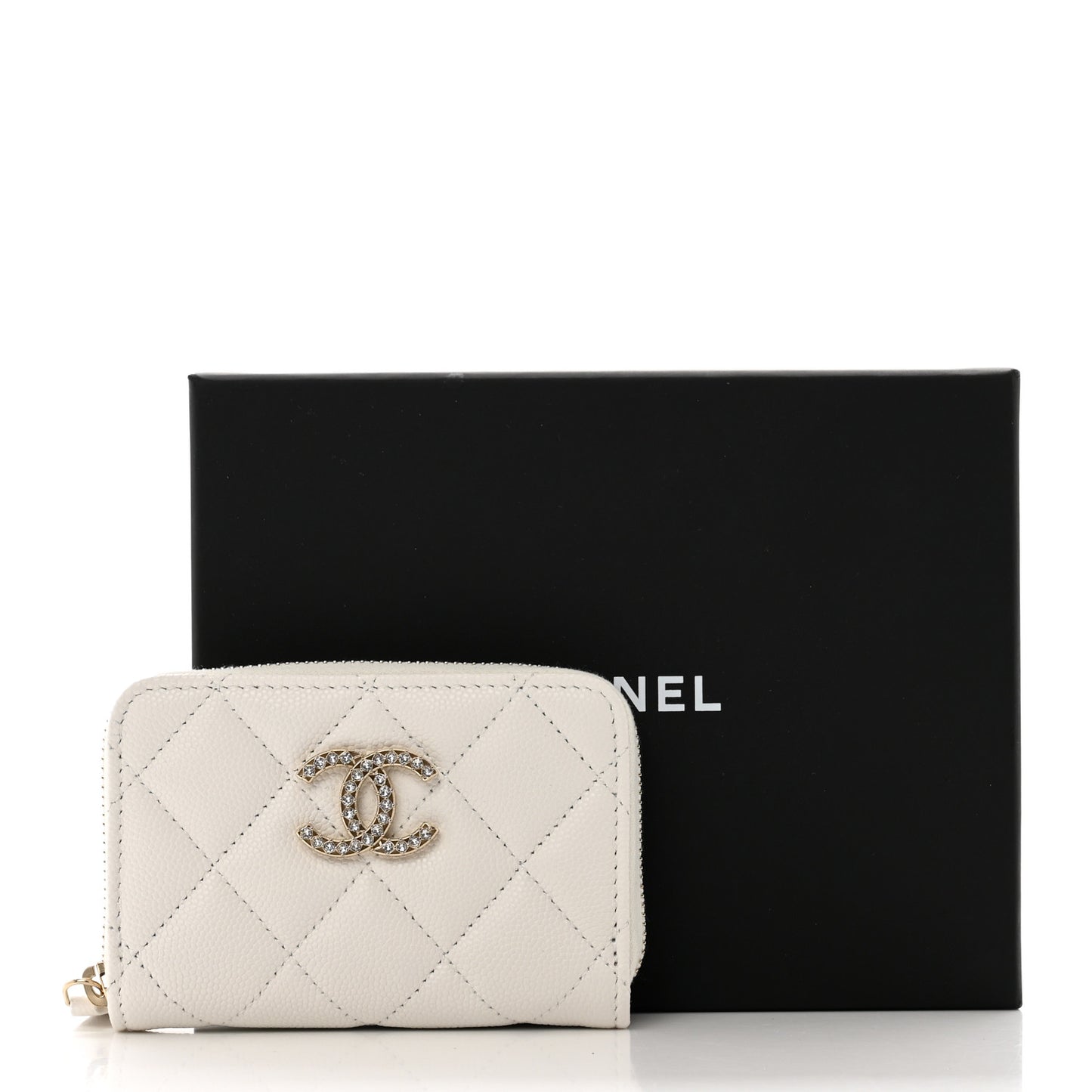 Shiny Caviar Quilted Strass CC Zip Coin Purse White