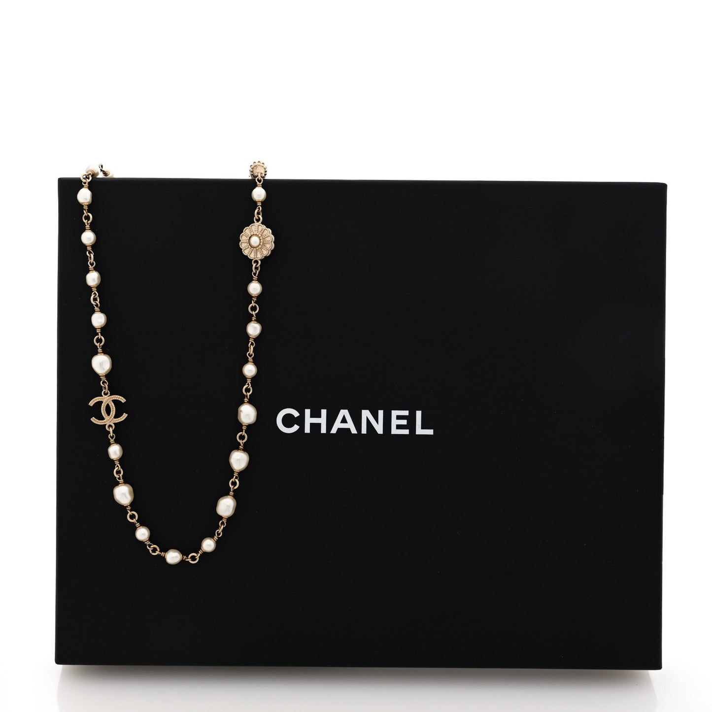 Pearl CC Flower Long Necklace White Gold