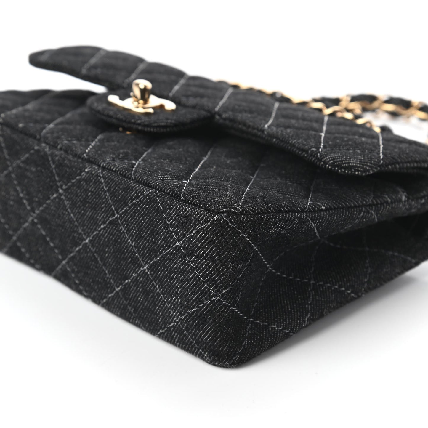 Denim Quilted Small Double Flap Black