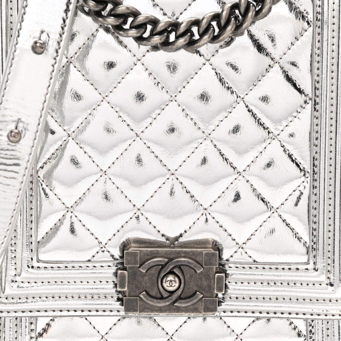 Metallic Goatskin Quilted North South Boy Flap Silver
