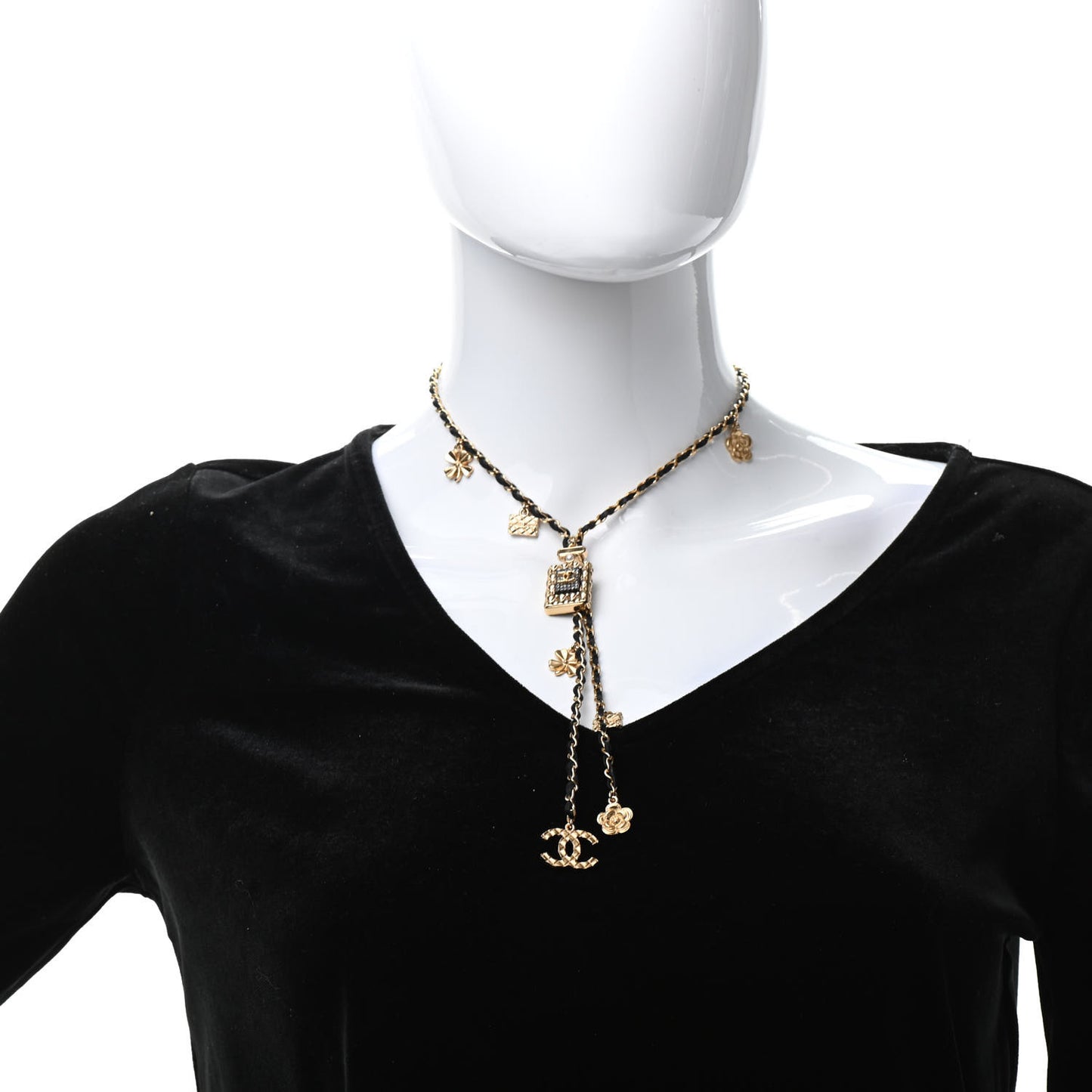 Calfskin Crystal Pearl Perfume Bottle CC Charm Necklace Black Gold