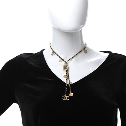 Chanel Calfskin Crystal Pearl Perfume Bottle CC Charm Necklace Black Gold 2 of 7