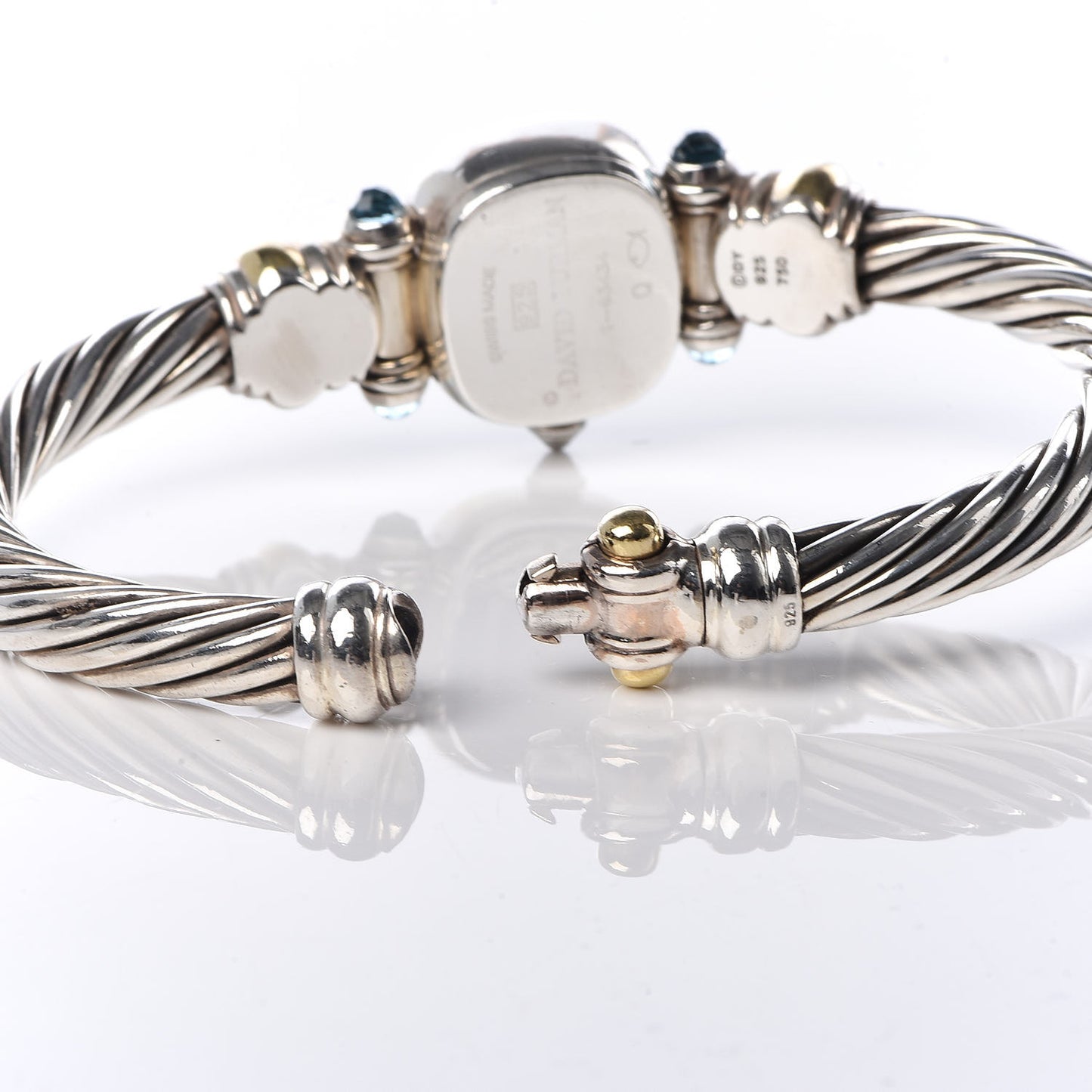 Sterling Silver 18K Yellow Gold Diamond Blue Mother of Pearl Blue Topaz 21mm Classic Cable Quartz Watch
