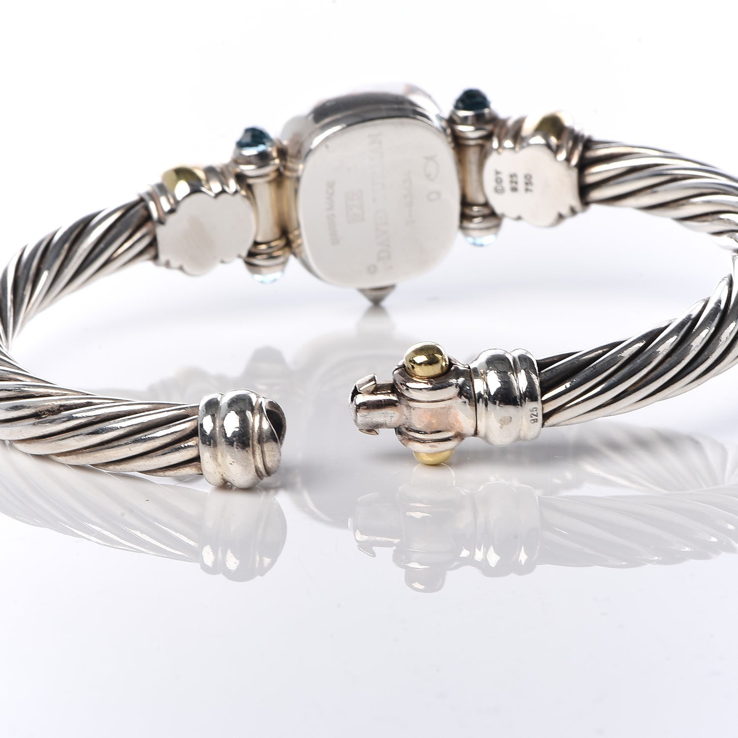 David Yurman Sterling Silver 18K Yellow Gold Diamond Blue Mother of Pearl Blue Topaz 21mm Classic Cable Quartz Watch 7 of 7