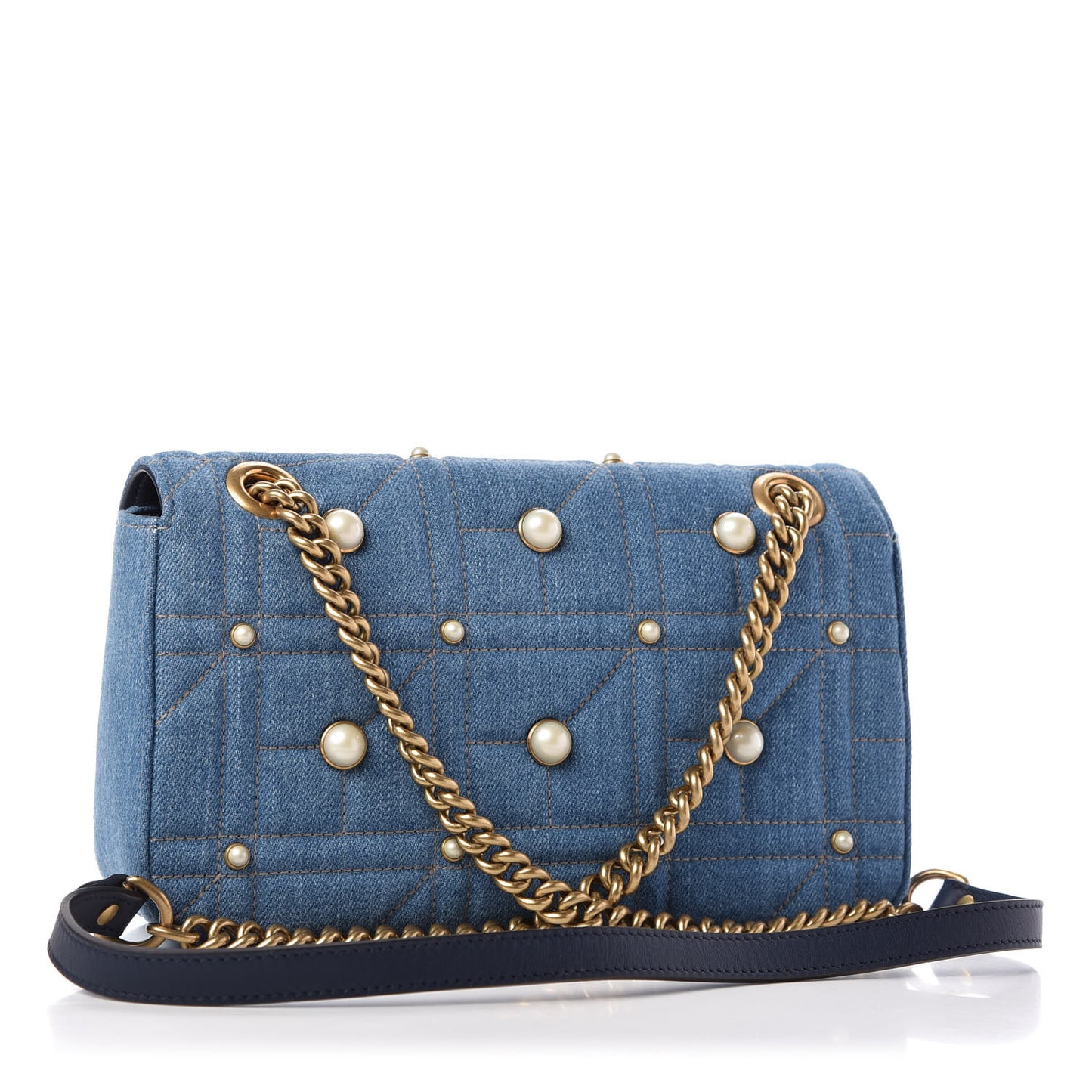 Denim Matelasse Pearl Studded Small GG Marmont Shoulder Bag Blue