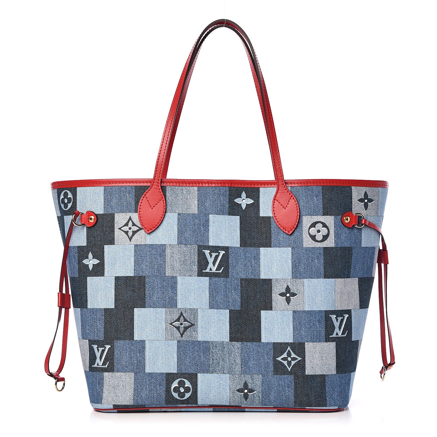 Denim Damier Monogram Patchwork Neverfull Blue Rouge
