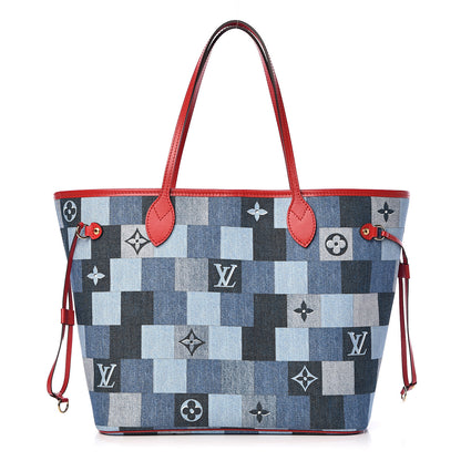 Louis Vuitton Denim Damier Monogram Patchwork Neverfull Blue Rouge 3 of 12