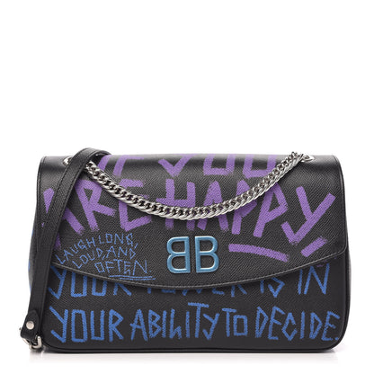 Balenciaga Grained Calfskin Graffiti M BB Round Shoulder Bag Black Bleu Violet 1 of 9