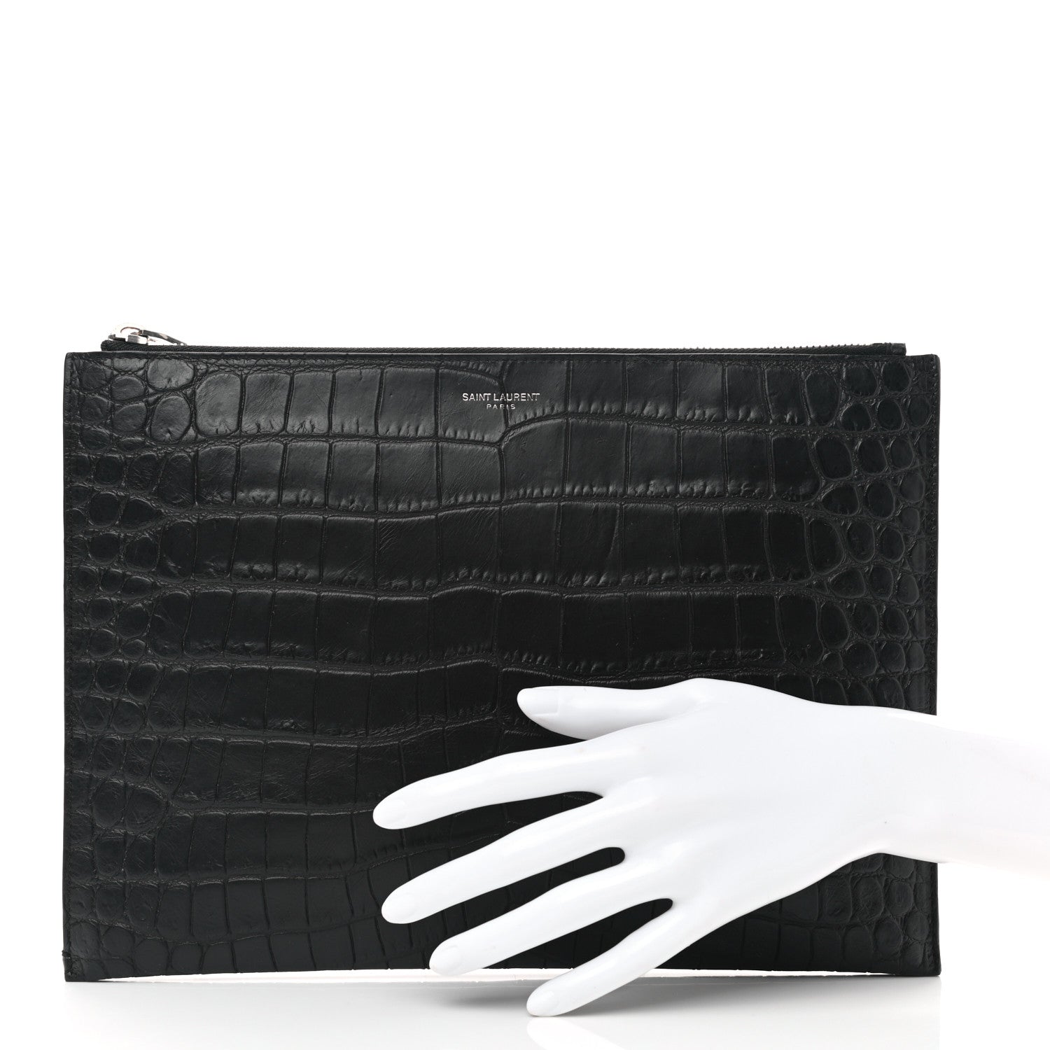 Saint Laurent Calfskin Crocodile Embossed Zipped Tablet Holder Black 2 of 7