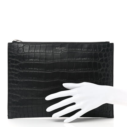 Saint Laurent Calfskin Crocodile Embossed Zipped Tablet Holder Black 2 of 7