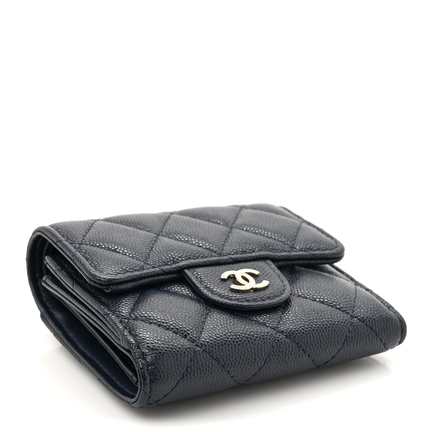 Caviar Quilted Compact Flap Wallet Navy