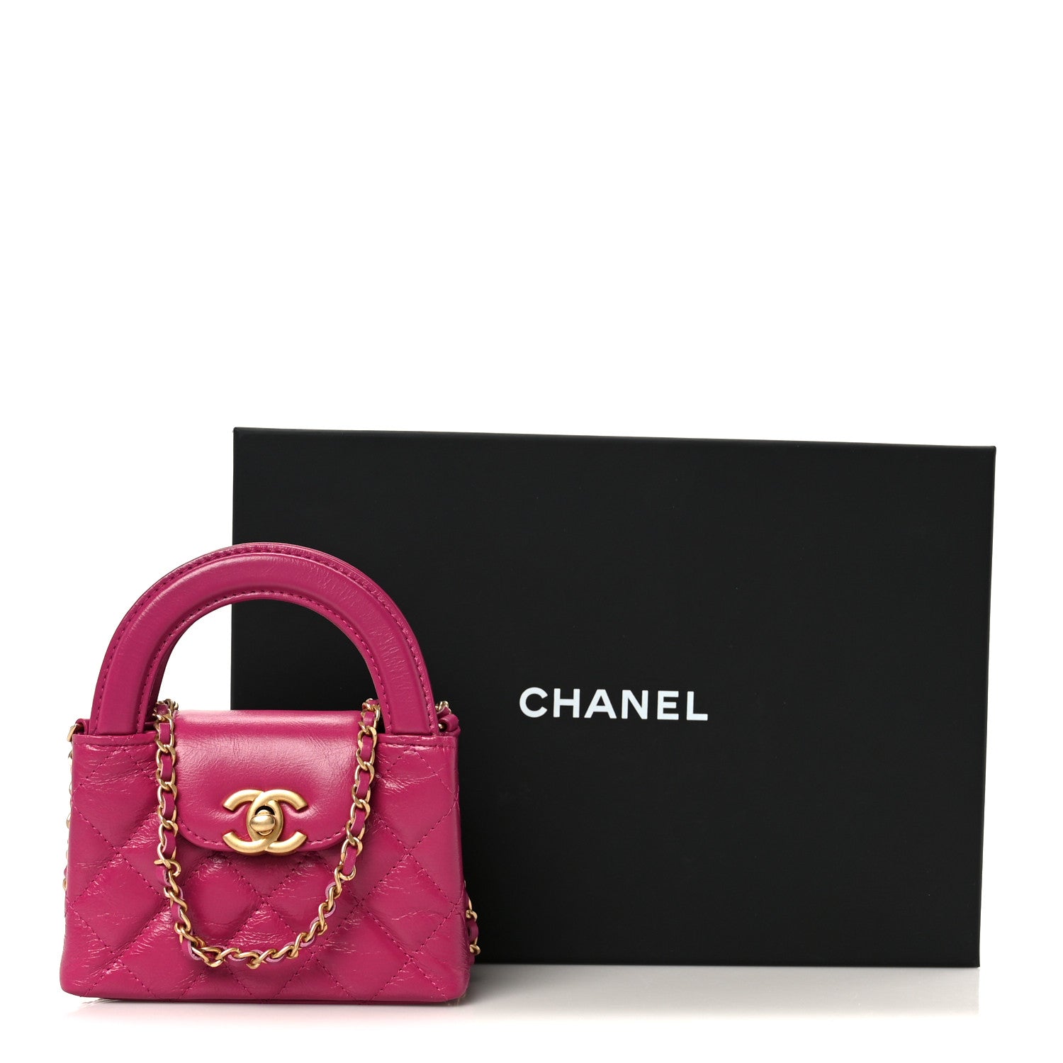 Chanel Shiny Aged Calfskin Quilted Mini Nano Kelly Shopper Dark Pink 11 of 11