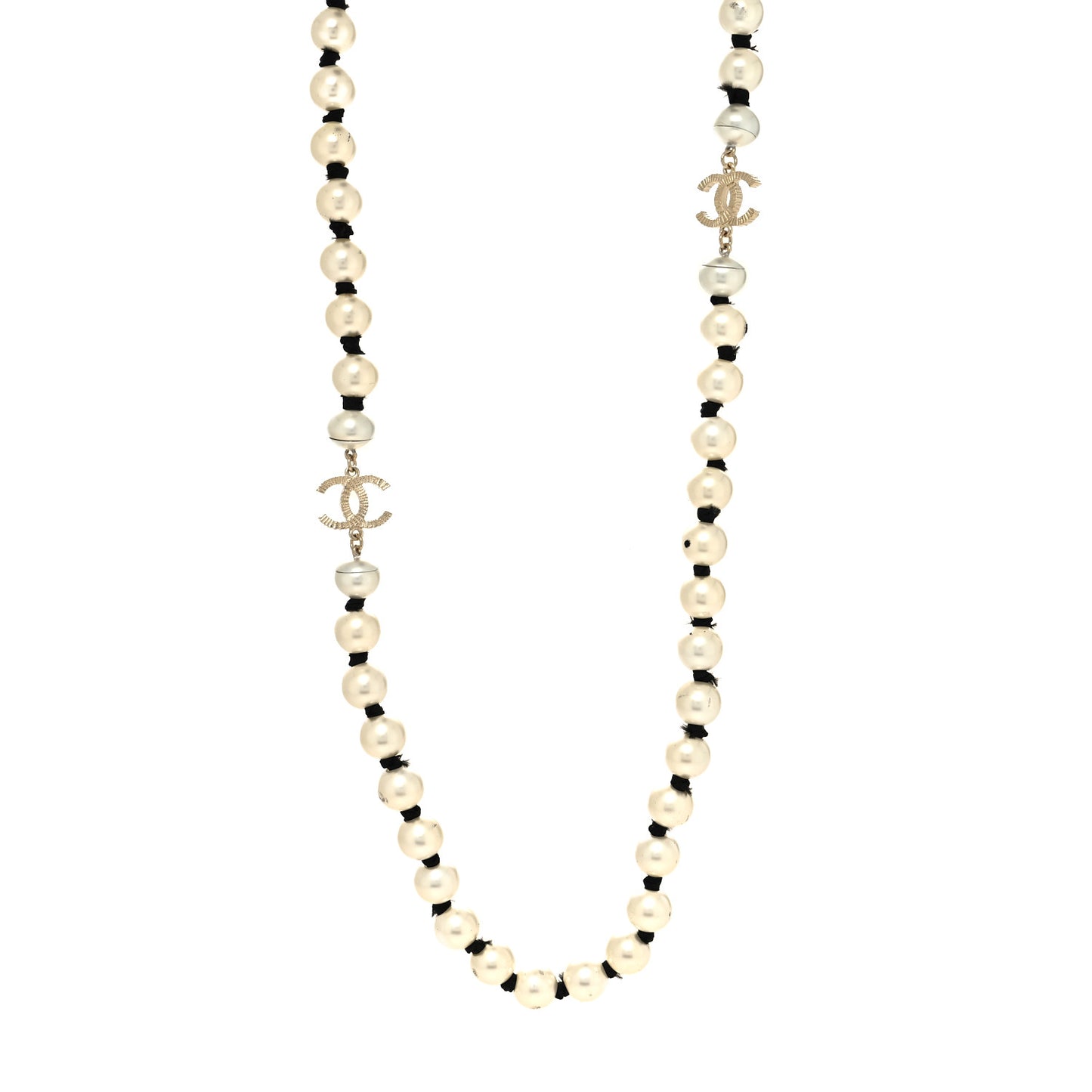 Pearl Grosgrain CC Long Necklace Gold