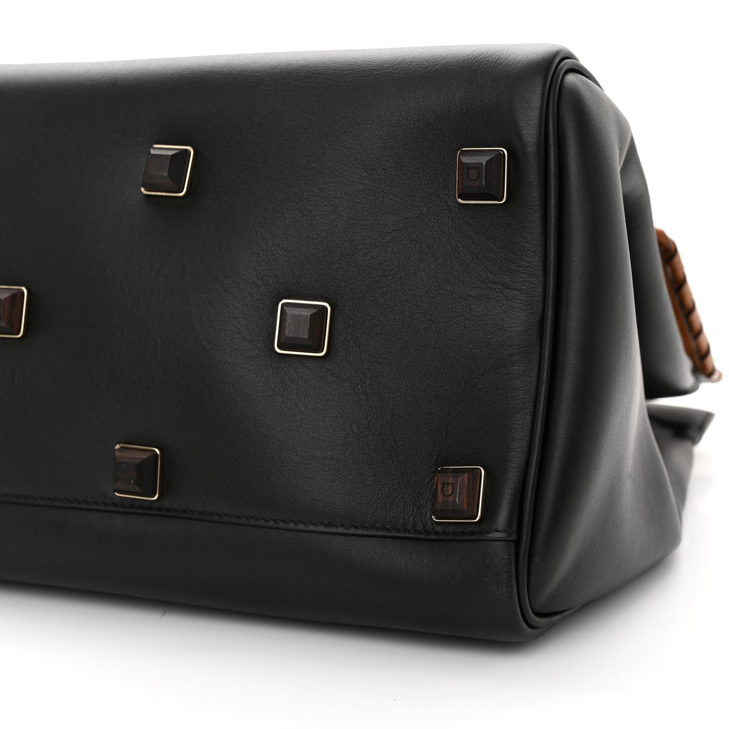 Calfskin Woven Large Studio Top Handle Bag Tan Black