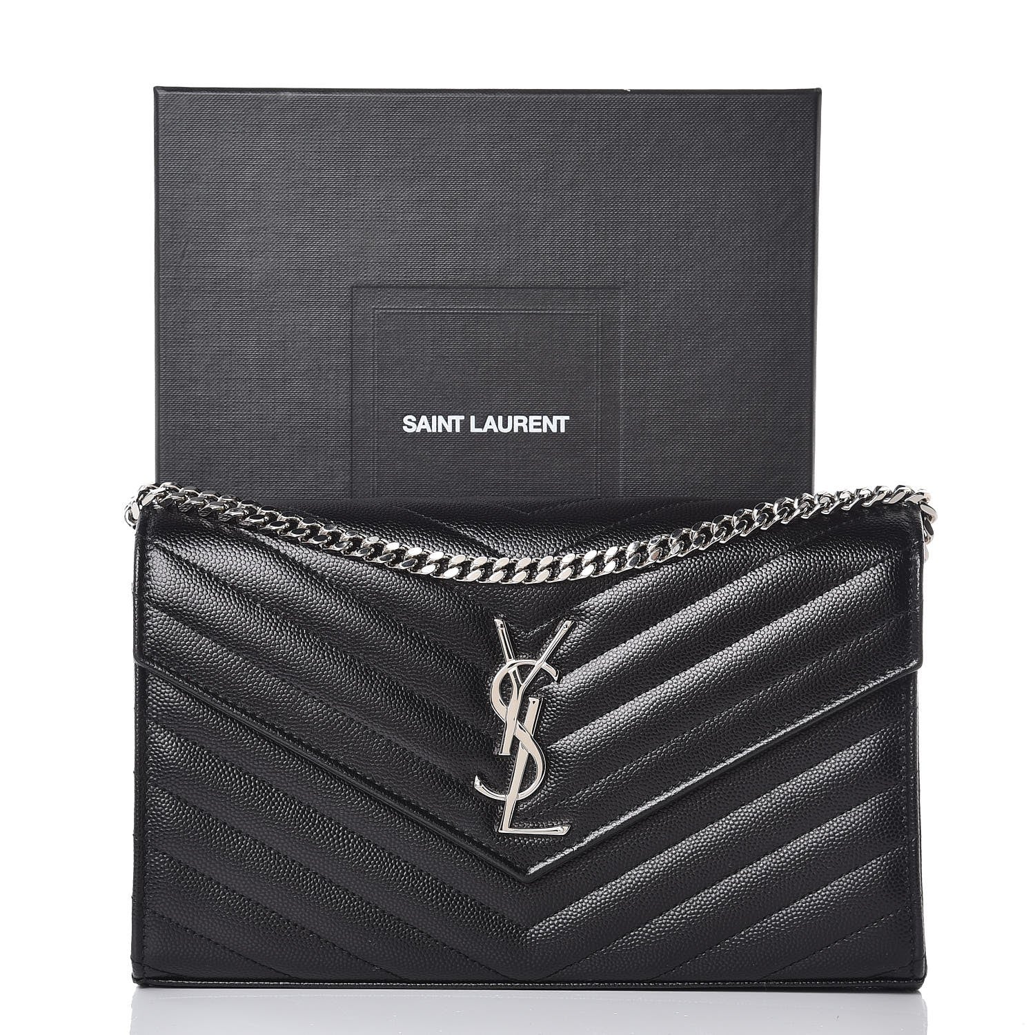 Saint Laurent Grain De Poudre Matelasse Chevron Monogram Chain Wallet Black 8 of 8