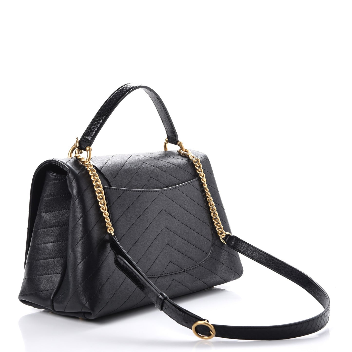 Grained Calfskin Elaphe Stitched Medium Chevron Chic Top Handle Flap Black