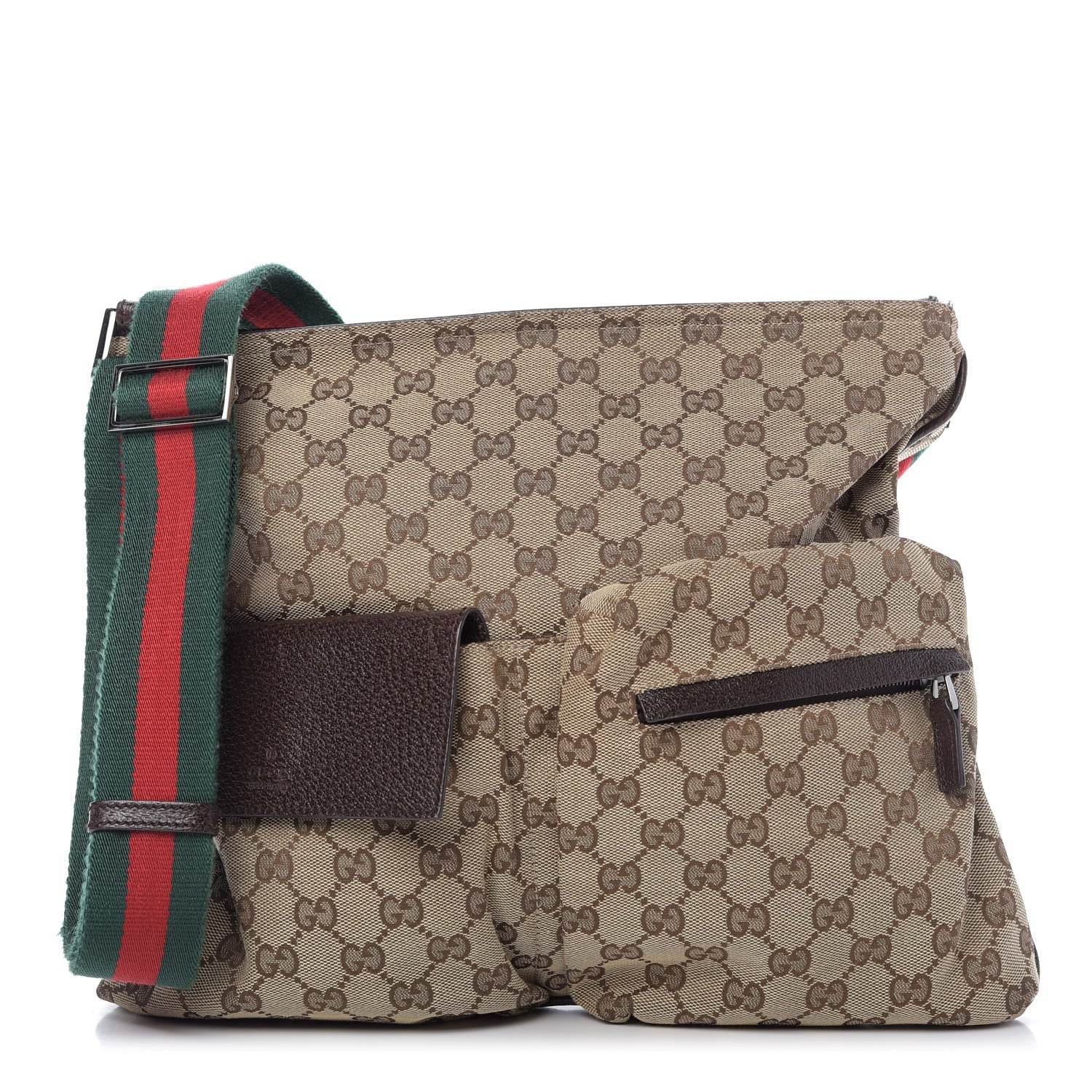 Gucci Monogram Web Medium Double Pocket Messenger Bag Dark Brown 1 of 9