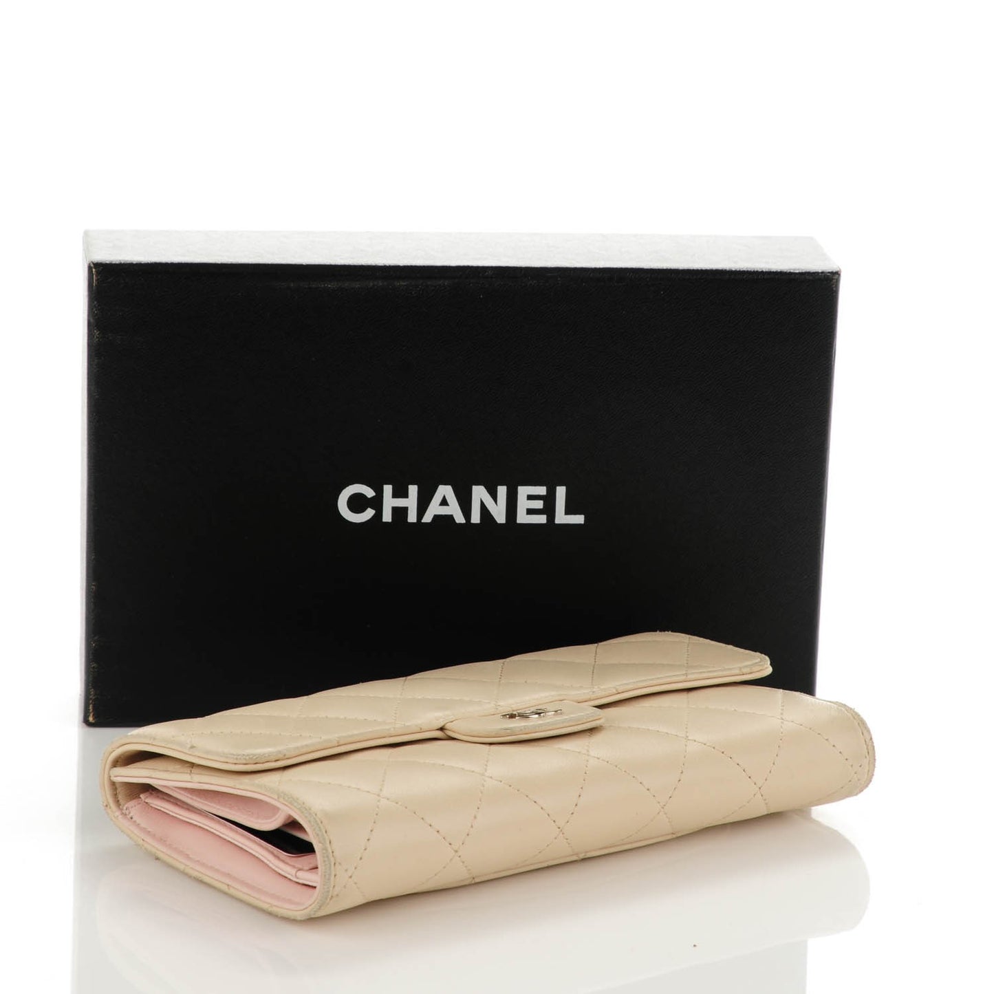 Lambskin Quilted Large Flap Wallet Beige Clair