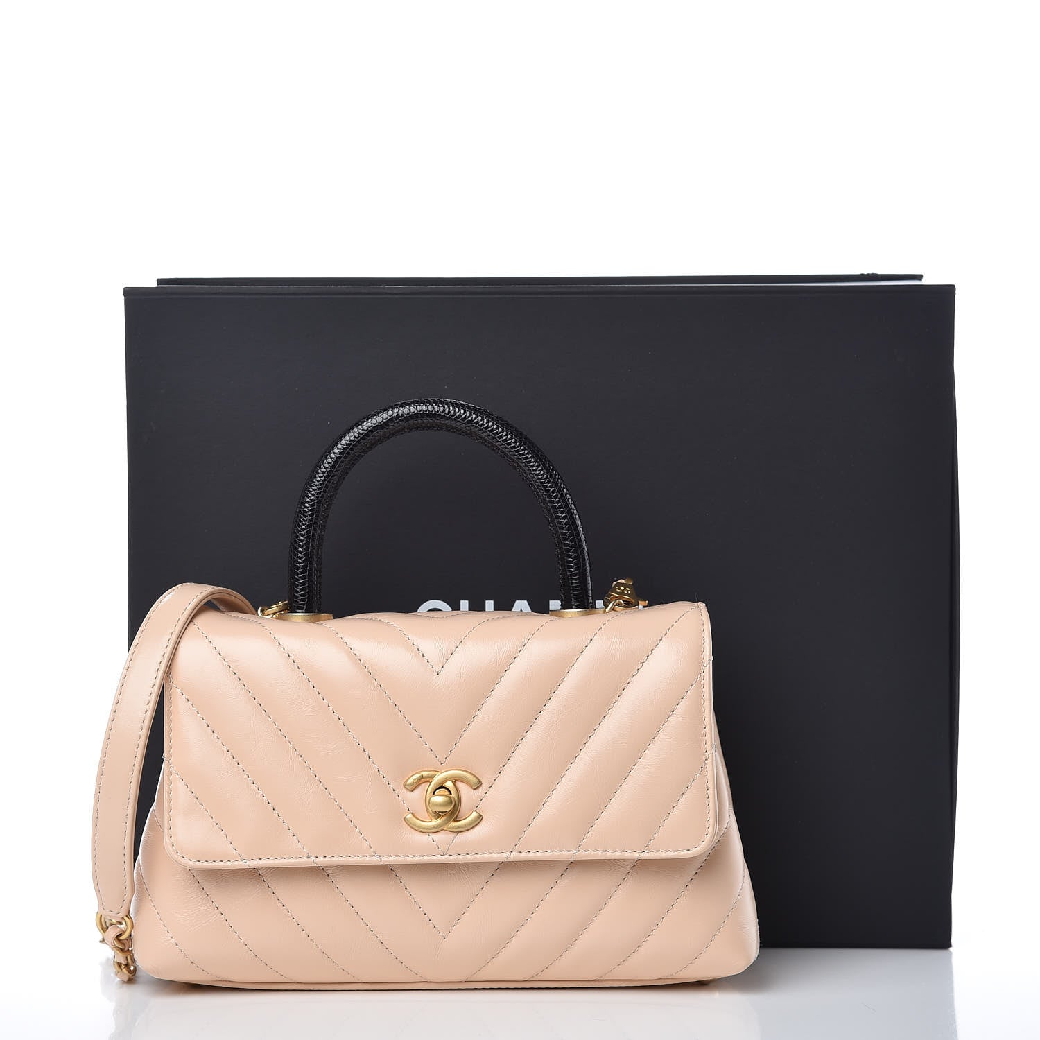 Chanel Calfskin Lizard Chevron Quilted Mini Coco Handle Flap Beige 11 of 11